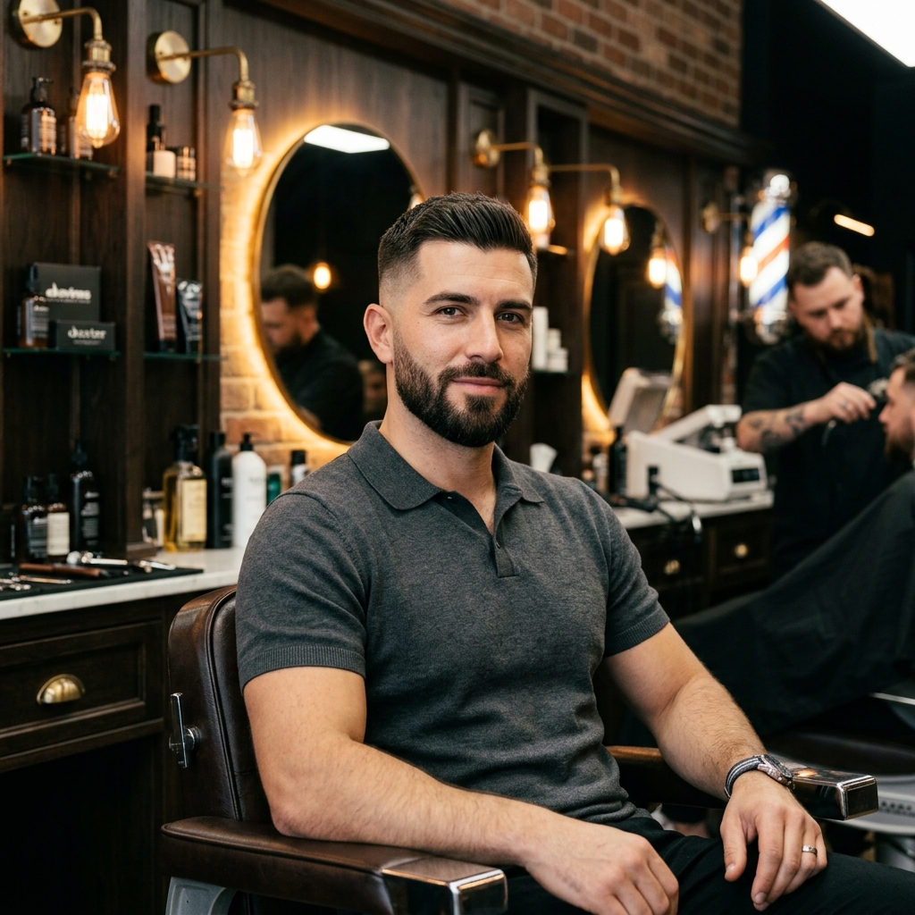 Editorial-Aufnahme eines präzisen Herren-Haarschnitts mit Fade