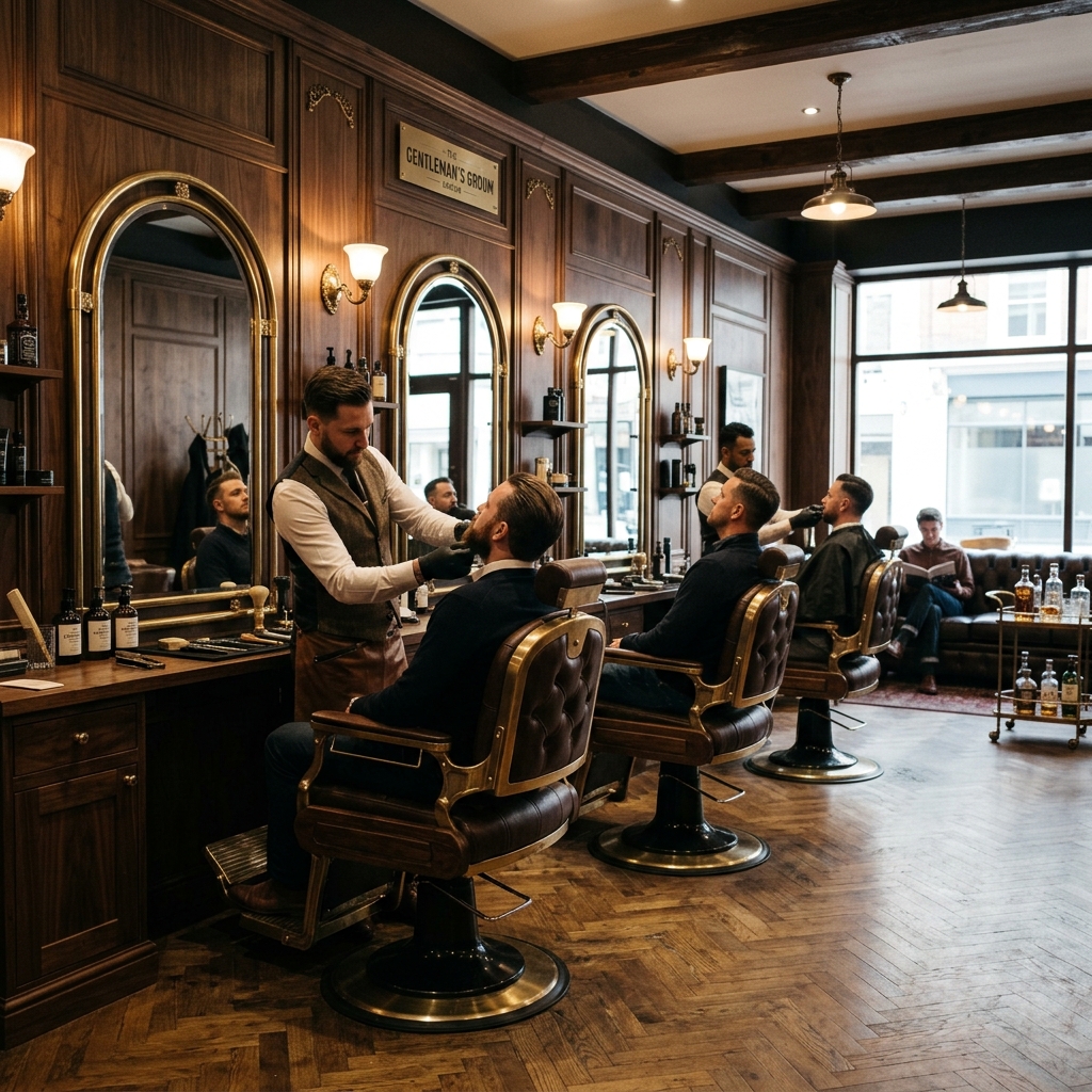 Hochwertige Editorial-Aufnahme der warmen Barber-Shop Atmosphäre