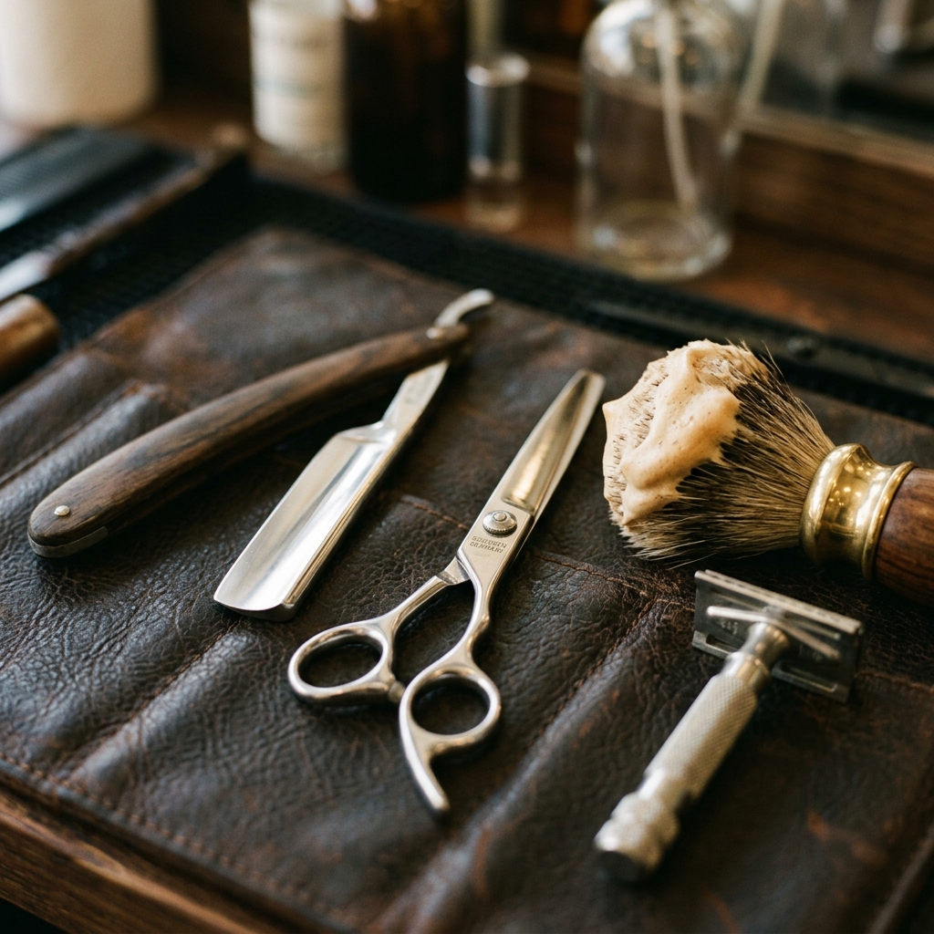 Editorial-Detailaufnahme von traditionellen Rasiermessern und Barbier-Werkzeugen