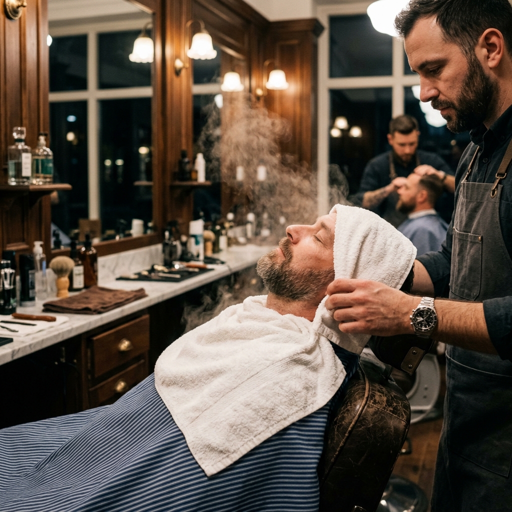 Editorial-Aufnahme einer Shaving-Experience mit heißem Handtuch